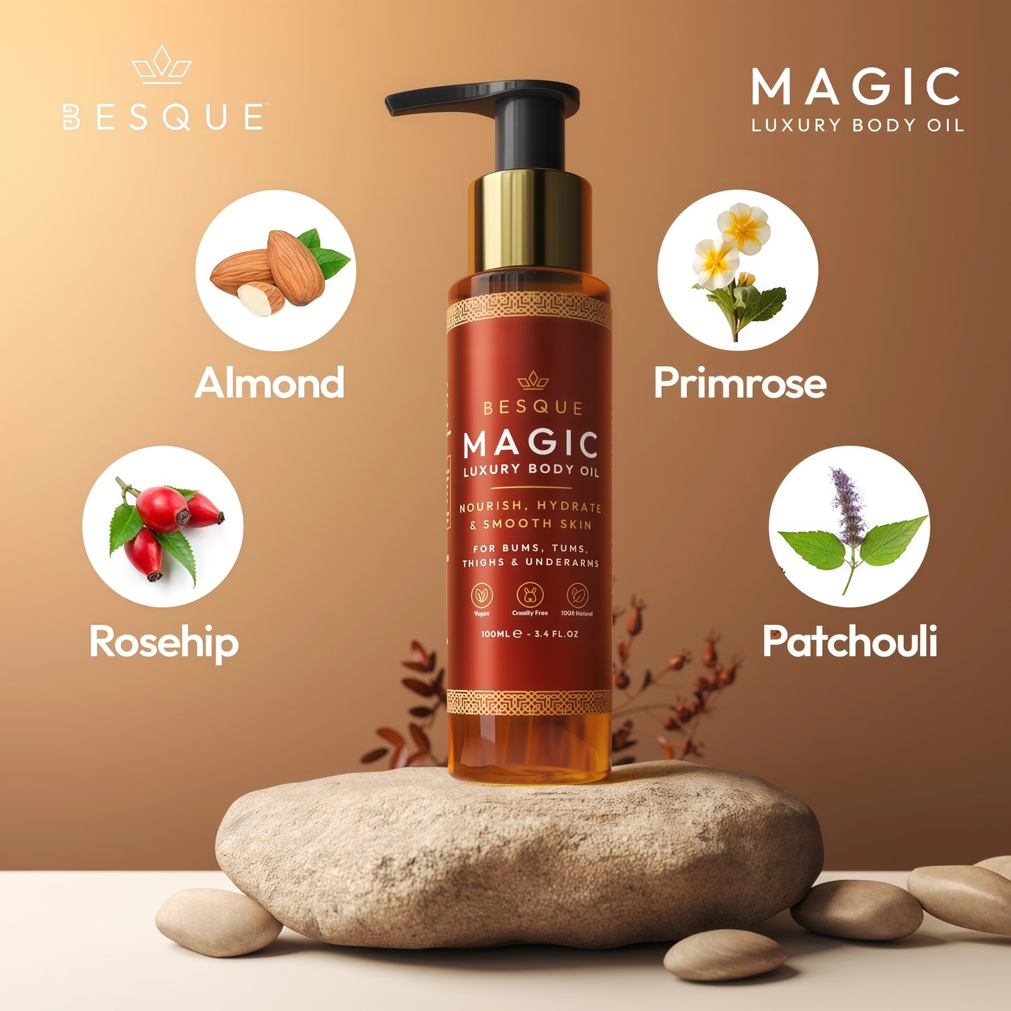 Besque Original Magic Body Oil, 100ML, After Shower Body Oil For Women, Hydrating Skin Care For Full Body That Plumps, Tightens, & Firms Skin With Natural Ingredients, Made In UK - Pack of 1