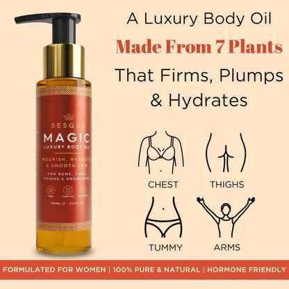 Besque Original Magic Body Oil, 100ML, After Shower Body Oil For Women, Hydrating Skin Care For Full Body That Plumps, Tightens, & Firms Skin With Natural Ingredients, Made In UK - Pack of 1